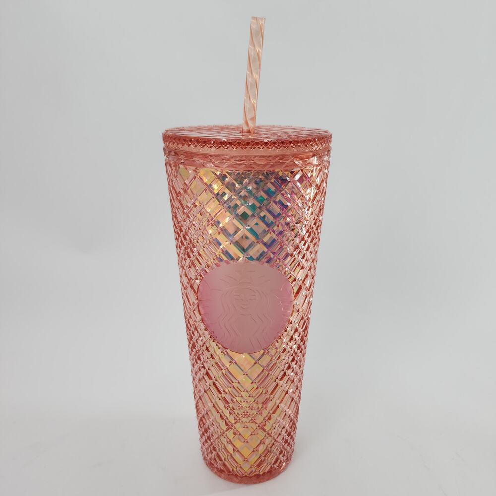 Starbucks Blush Pink Iridescent Diamond Studded Cold Cup Tumbler 24oz